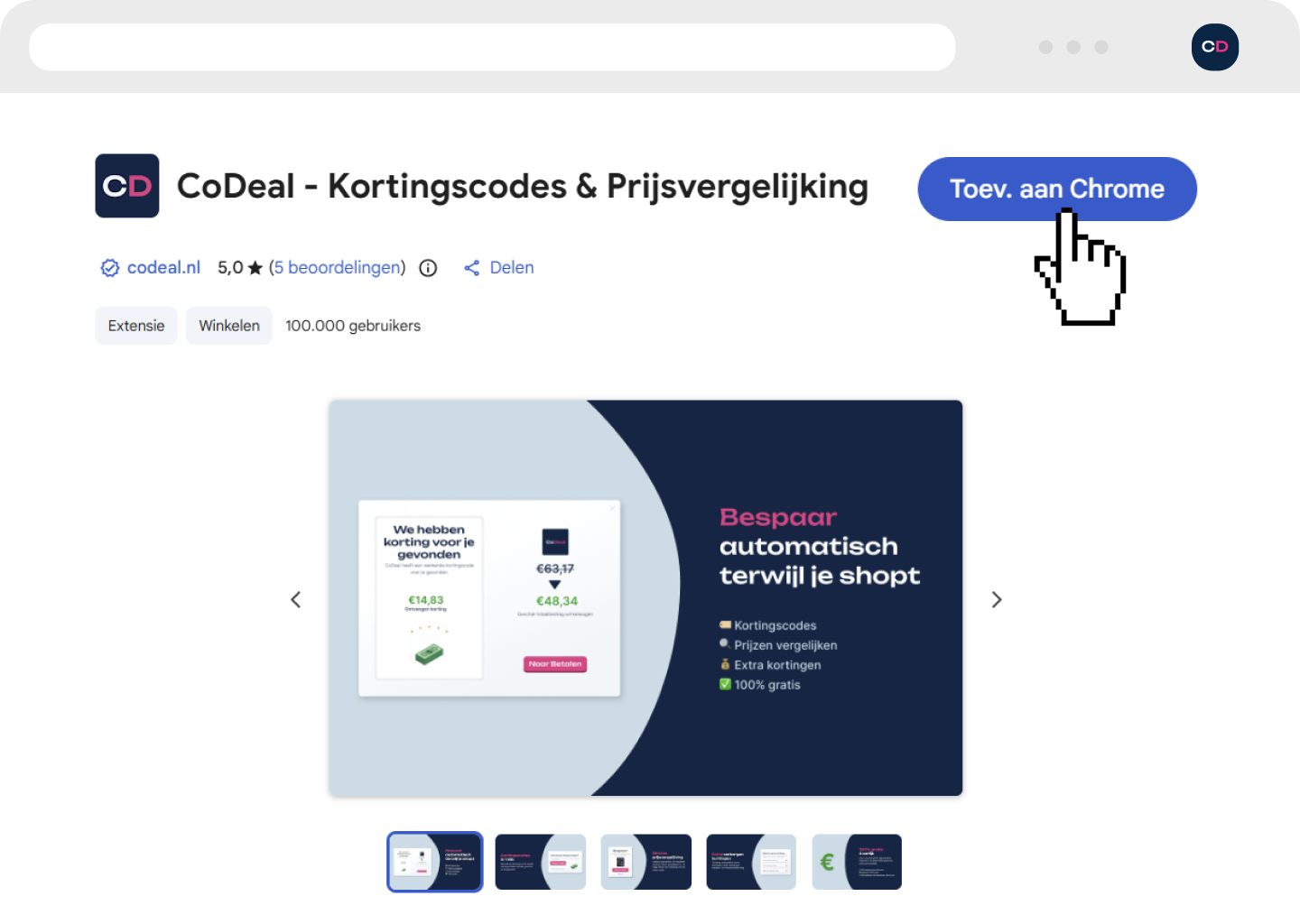 Een browser window die de Chrome Web Store pagina laat zien van CoDeal